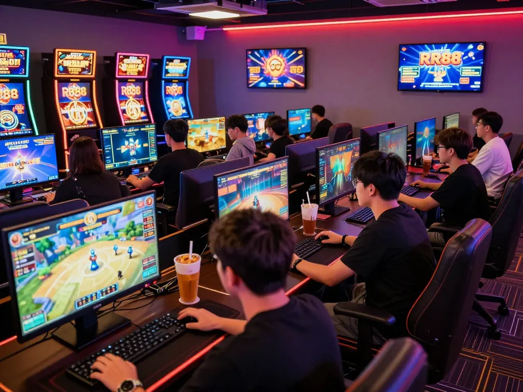 Engaged players enjoying RR88 gaming experience in a vibrant gaming lounge.