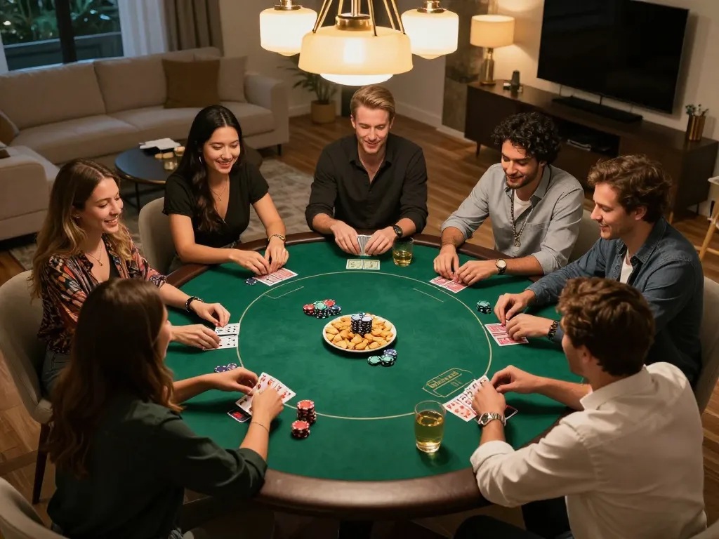 TR88 poker night with friends enjoying strategic gameplay around a round table, lively atmosphere