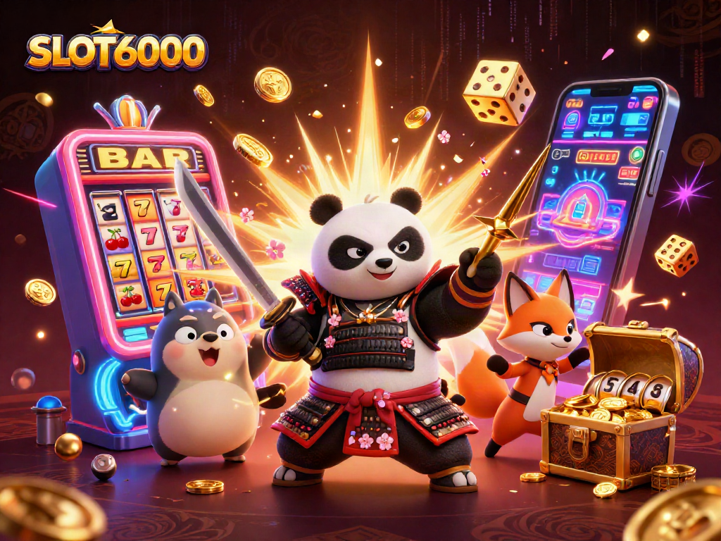 SLOT6000 features a dynamic scene with a samurai panda, ninja fox, and magical tanuki amidst a jackpot explosion of coins.