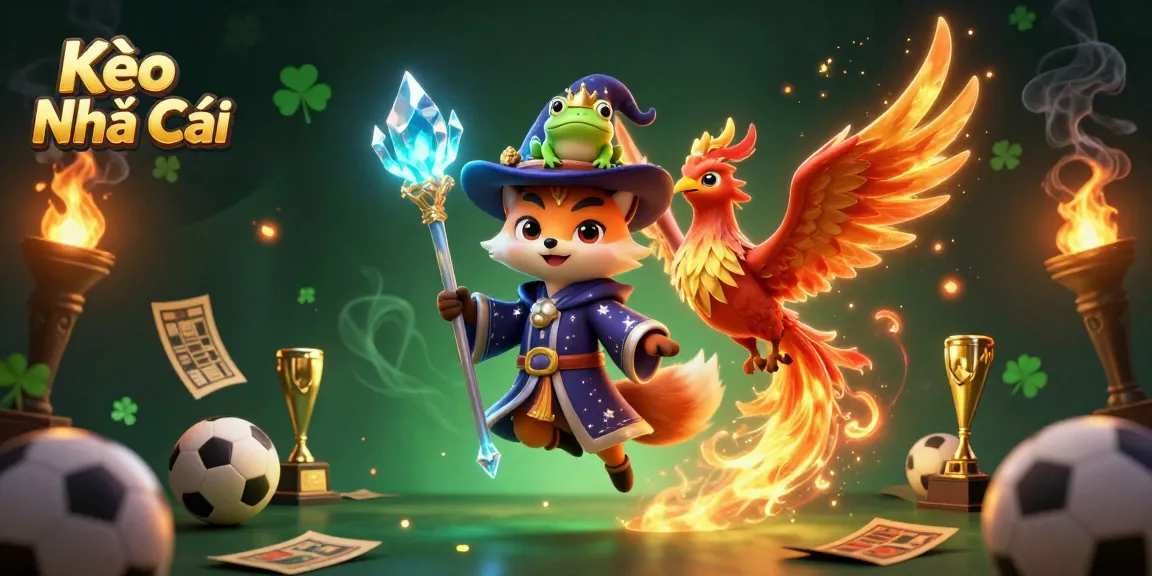 Kèo Nhà Cái highlights thrilling sports bets with a whimsical wizard fox, phoenix, and crowned frog.