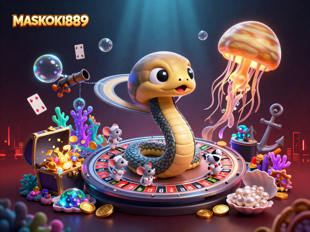 Bet on your luck with MASKOKI889 as the Saturn snake coils around a roulette wheel with vibrant casino elements.