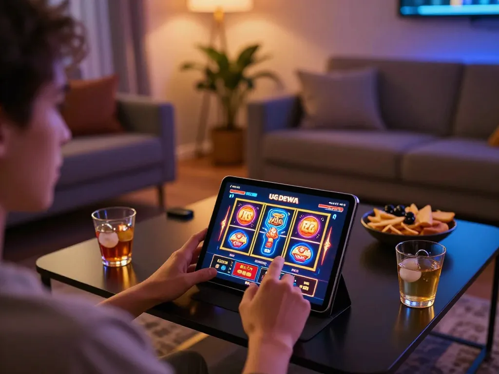 Engaging with UG DEWA online slots on a tablet in a cozy home setting