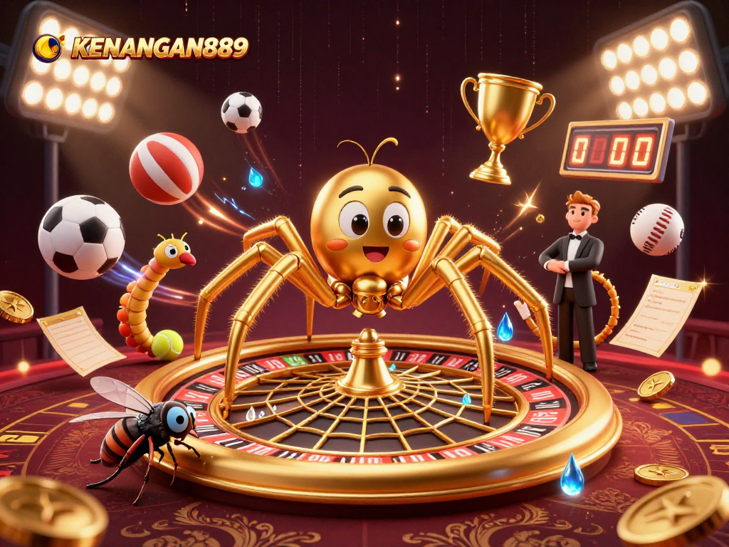 Experience the thrill with KENANGAN889 as a golden spider spins a roulette web in a dynamic casino scene.