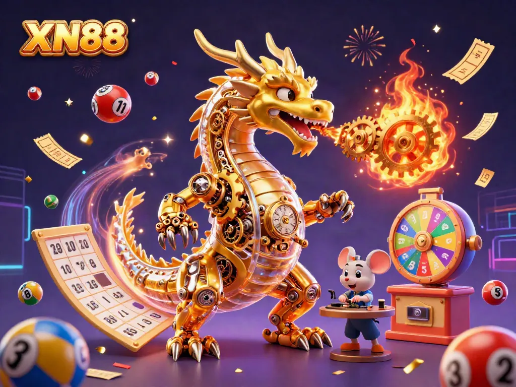 Enhance your winnings at XN88 with a festive, dynamic casino scene featuring a golden dragon and lottery elements.