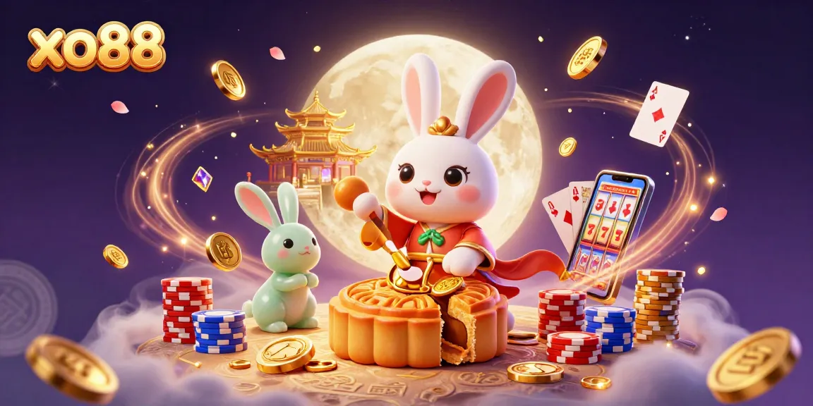 Experience the magic of xo88's casino with a moon rabbit and poker chips in this vibrant illustration.