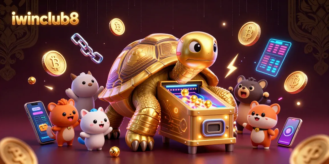 Spin and win with iwinclub8's vibrant casino-themed 3D illustration showcasing a gaming tortoise.