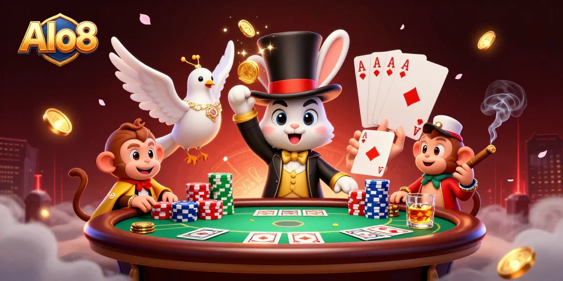 Alo8 magician rabbit pulls golden coins amidst poker chips and a glamorous dove.
