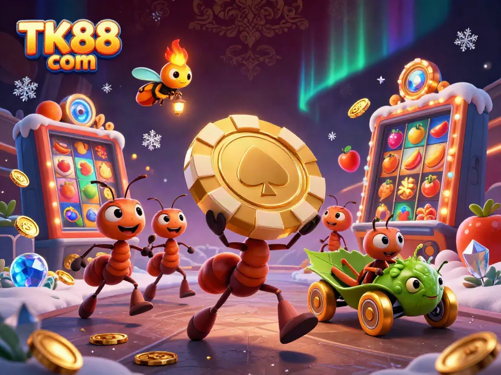 Experience thrilling gameplay at TK88 com with cartoonish ants pulling off a heist, surrounded by slot machines and golden coins.