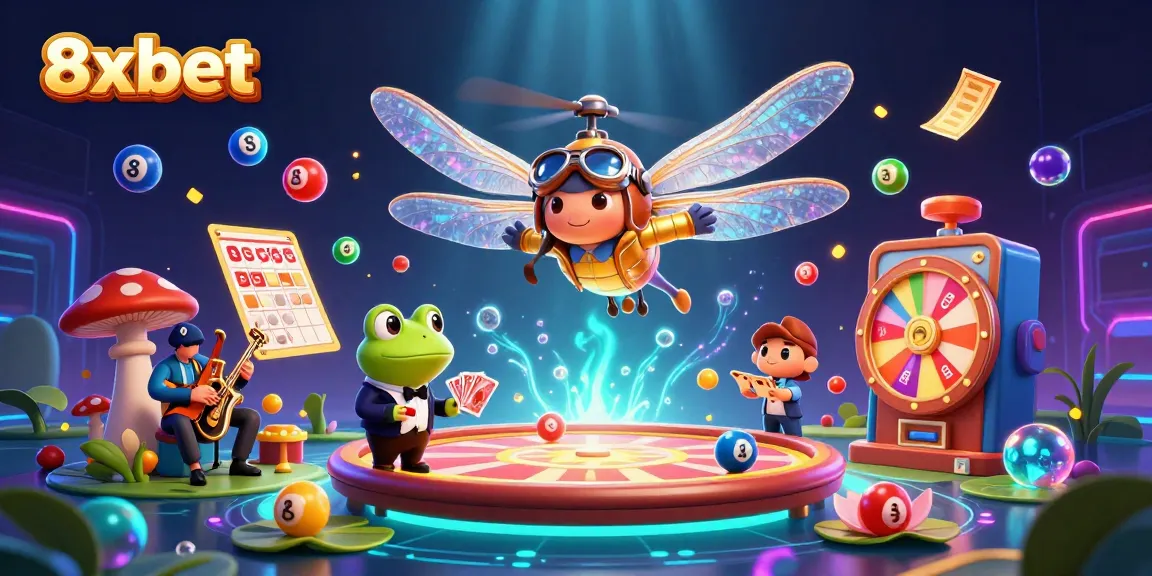 8xbet casino illustration featuring cartoon characters and vibrant gaming elements.