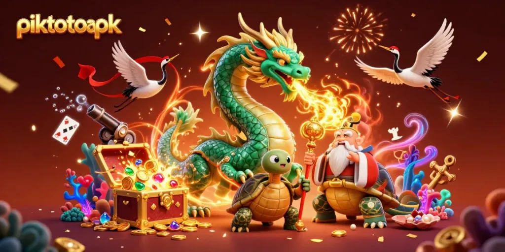 Experience thrilling gameplay with piktotoapk as a jade dragon breathes fire in a casino fantasy scene.