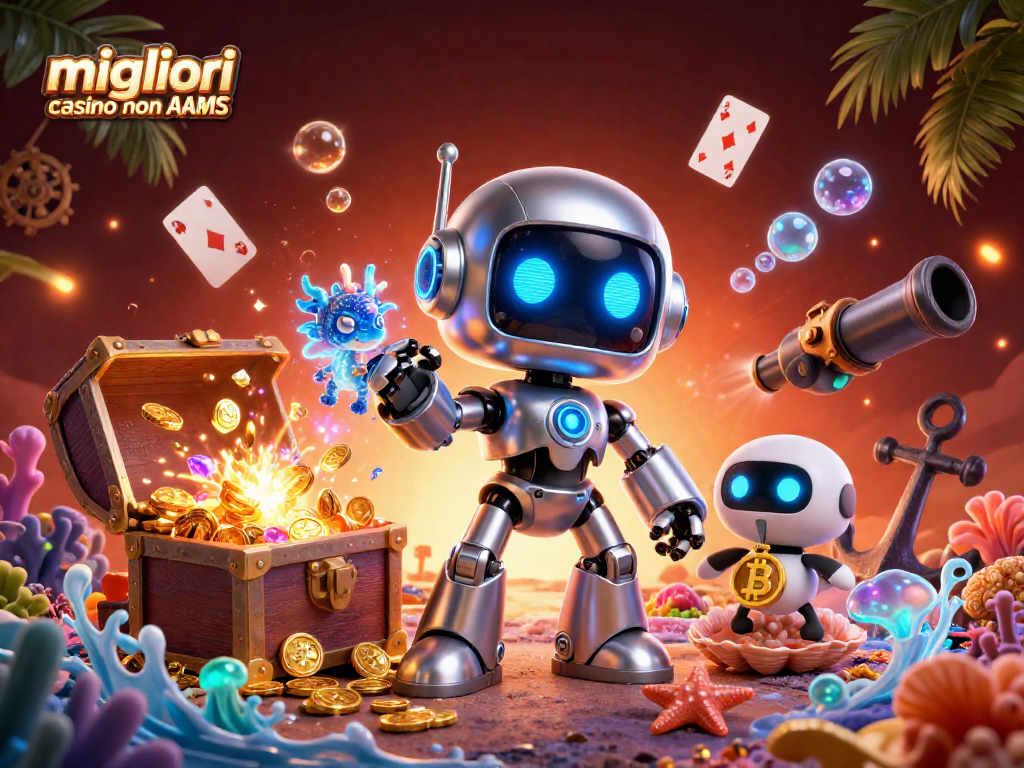 Gioca nei migliori casino non AAMS con un robot e un drago olografico in un'illustrazione 3D colorata.