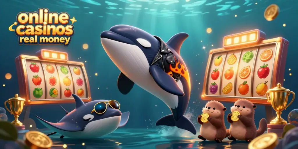 A vibrant 3D illustration with an orca in a biker jacket, showcasing online casinos real money themes through fruits and jackpot elements.