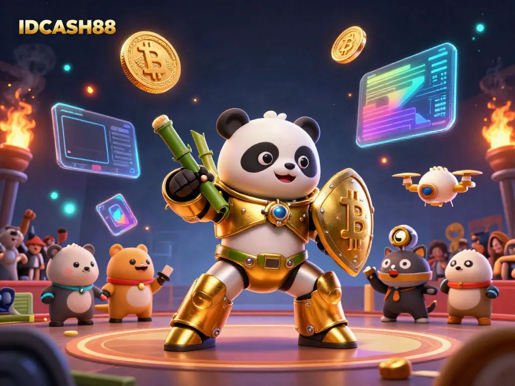 Engage in IDCASH88's thrilling games illustrated with a mech-suit panda, crypto coins, and vibrant arena.