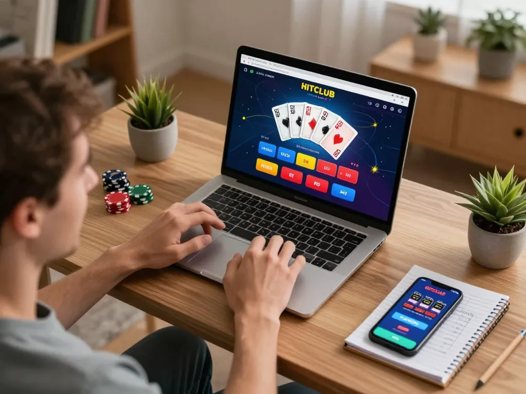 Engaged player using hitclub for online poker with warm home atmosphere and strategy notes.