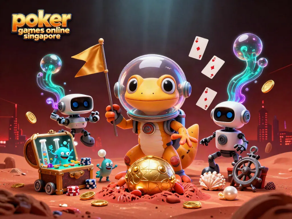 Engage in exciting poker games online Singapore with alien characters discovering a golden casino.