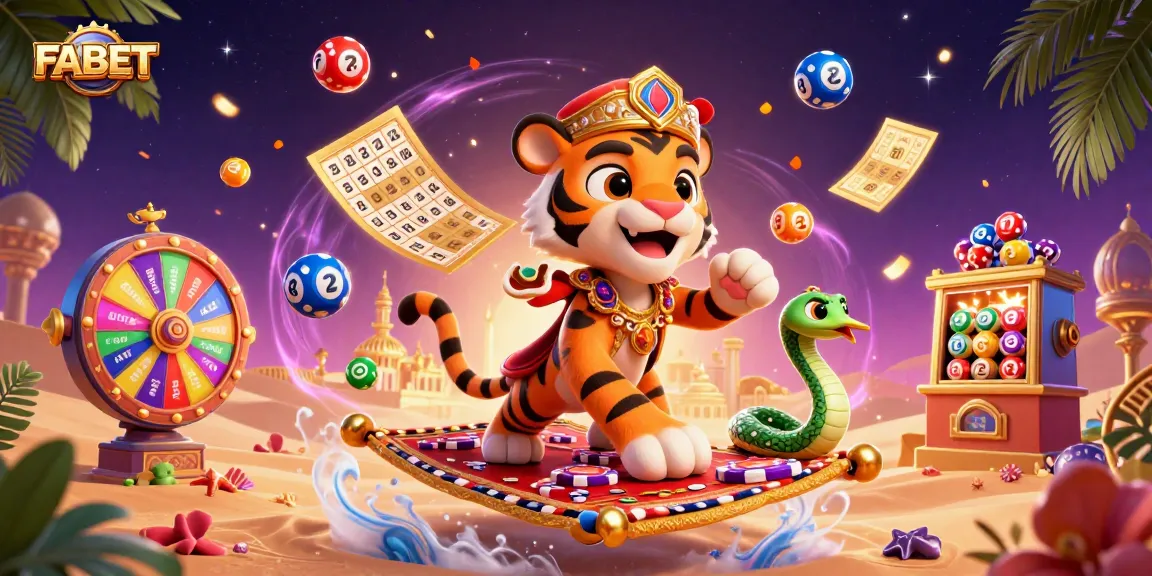 Experience thrilling gameplay with FABET, featuring a majestic tiger sultan and dynamic lottery elements.
