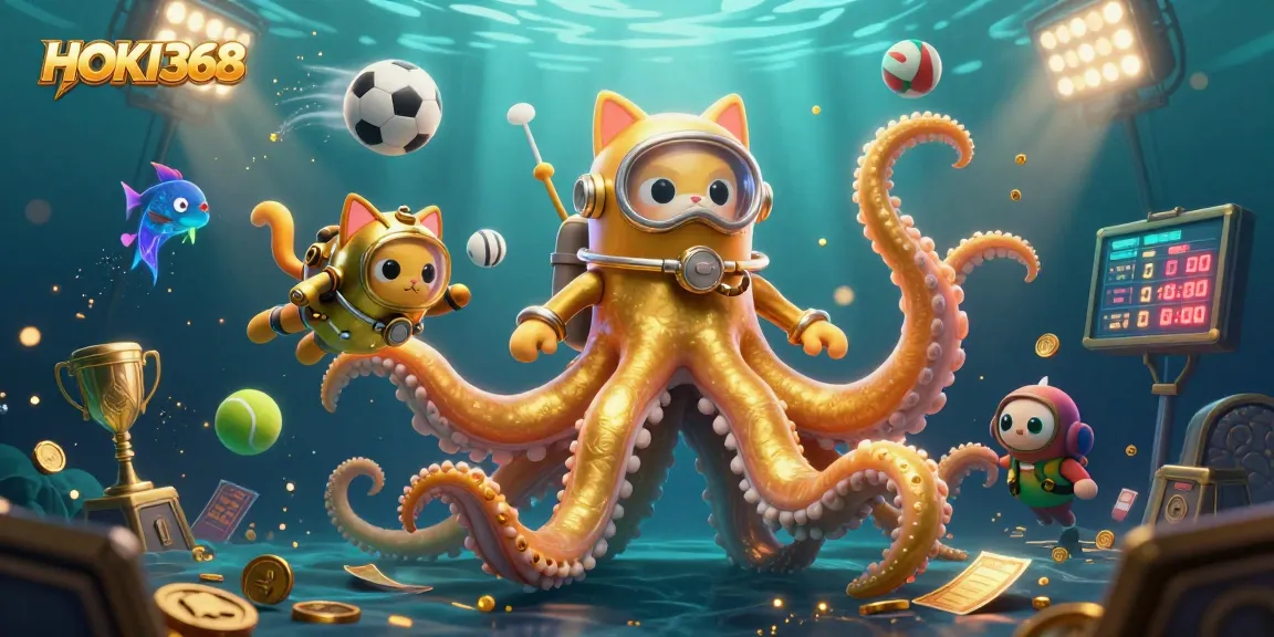 Bet on HOKI368 while enjoying a vibrant underwater scene with dynamic characters and sports elements.