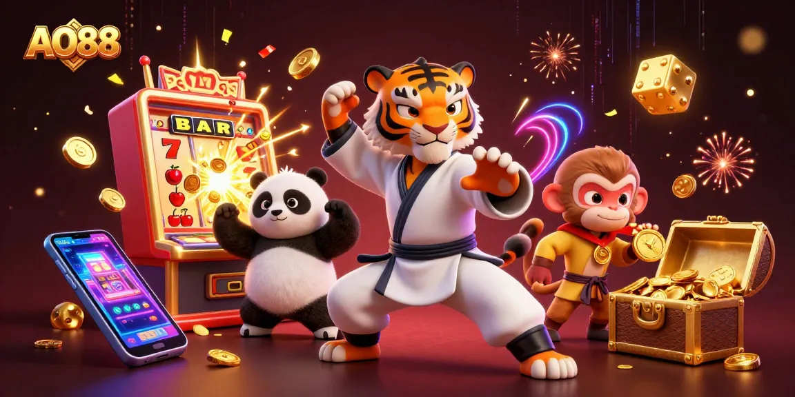 A thrilling AO88 scene showcasing a kung fu tiger master, a panda disciple, and a mischievous monkey amid an explosion of casino games, celebrating victories.