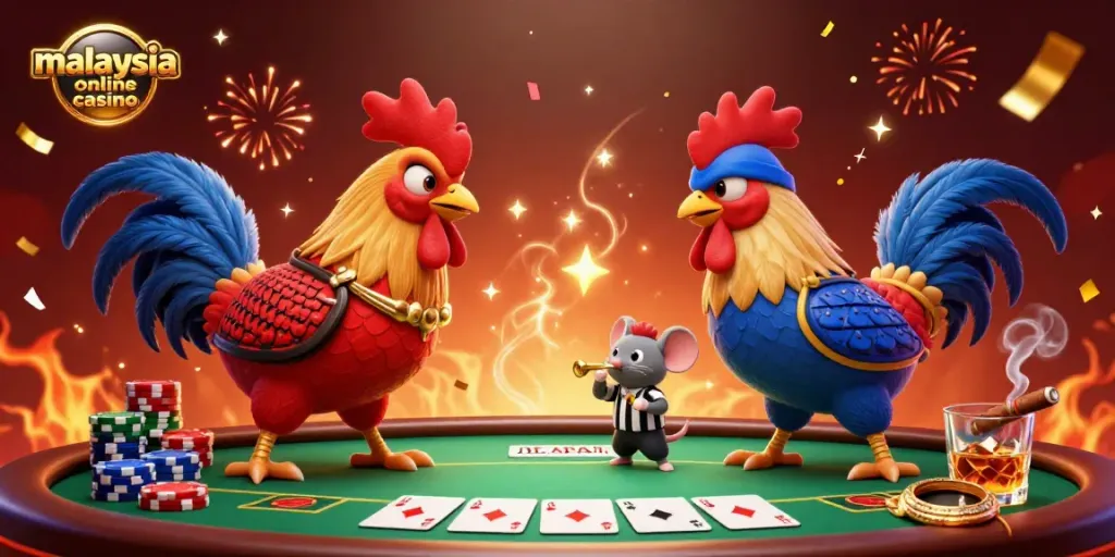 Engage in thrilling battles at a vibrant malaysia online casino with dynamic roosters and poker elements.
