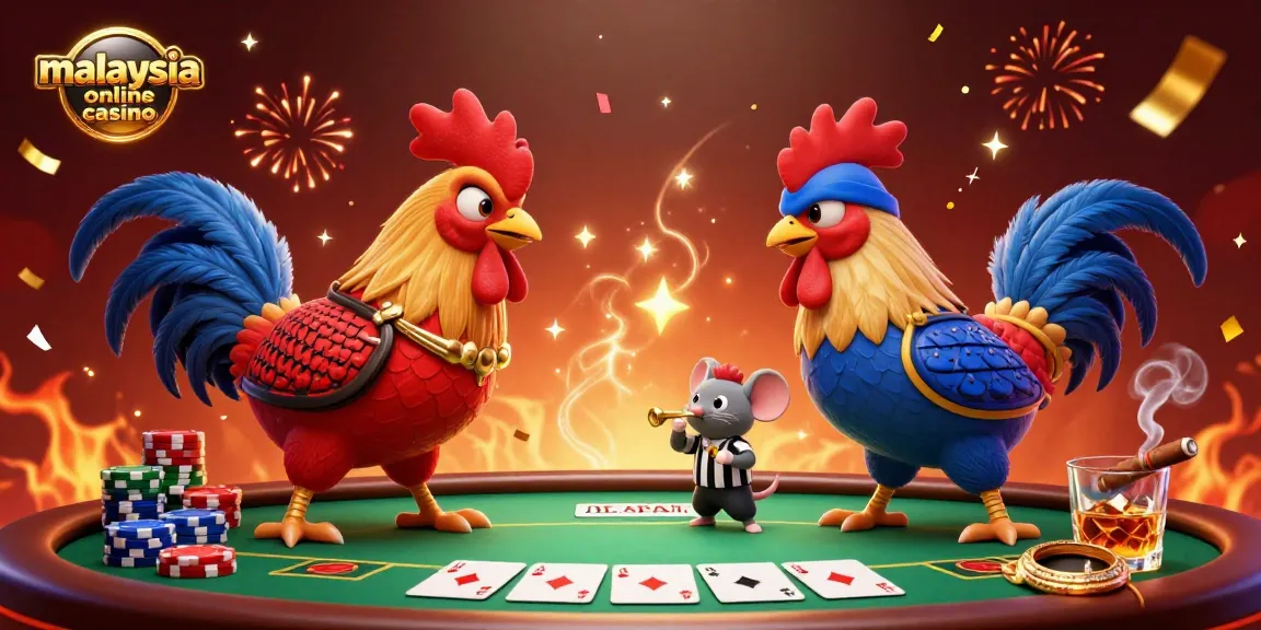 Engage in thrilling battles at a vibrant malaysia online casino with dynamic roosters and poker elements.