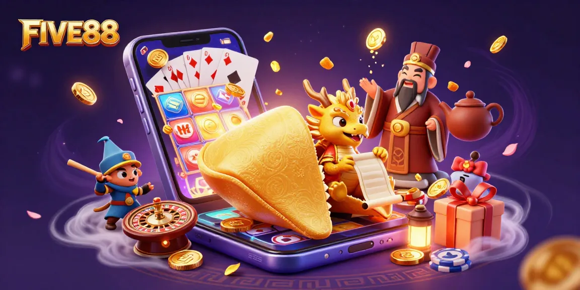 Engage in thrills with FIVE88's vibrant cartoon scene featuring a fortune cookie and gaming elements.