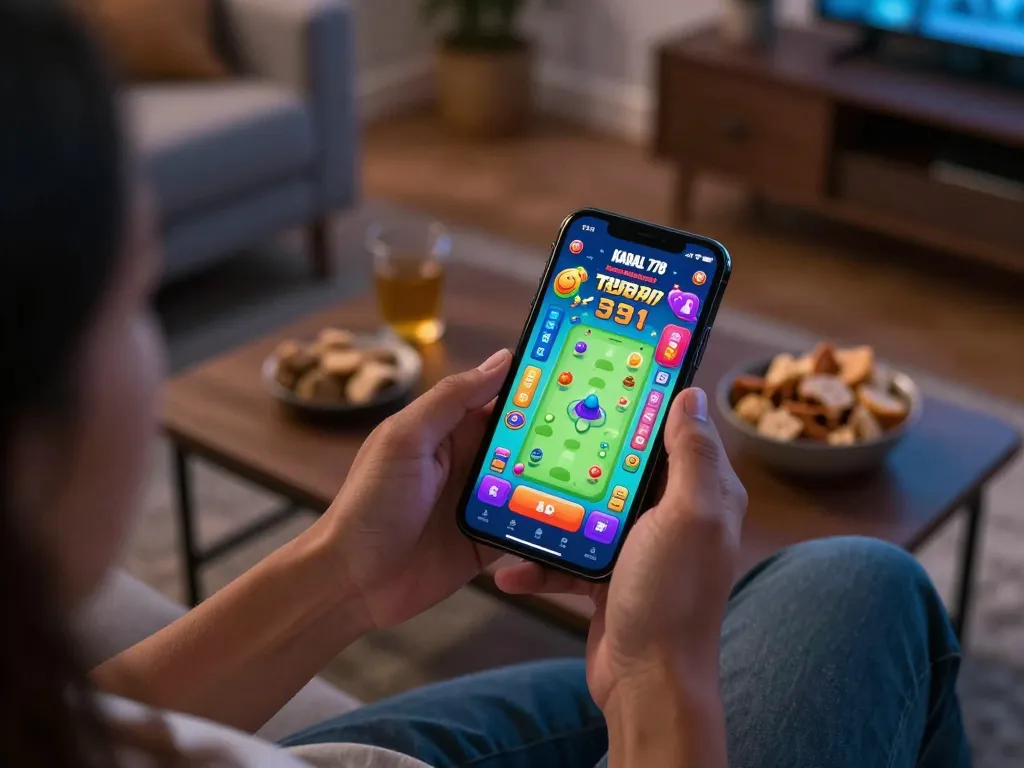 KADAL 778 mobile gaming scene showing interactive gameplay on smartphone with snacks and cozy decor