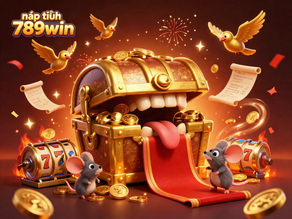 Engage with the vibrant nạp tiền 789win scene, featuring a treasure chest and dynamic game elements, enticing players.