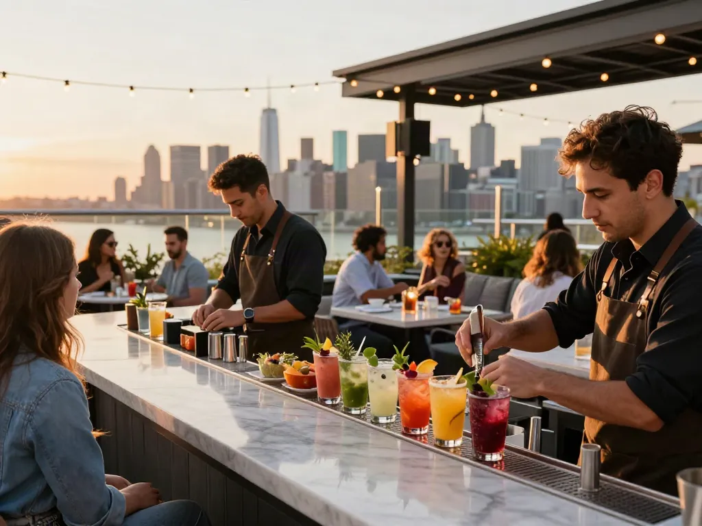 NoHu rooftop bar during sunset with guests enjoying cocktails and skyline views