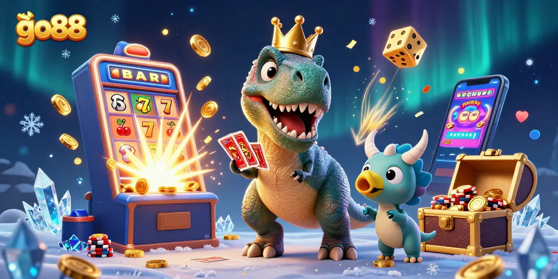 Join the fun at go88 as a T-Rex shuffles cards while surrounded by jackpots and vibrant casino elements.
