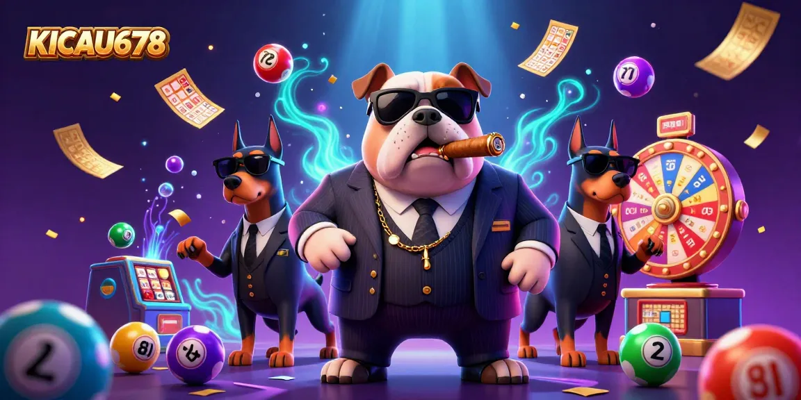 KICAU678 showcases a vibrant lottery scene with a mafia bulldog boss and Doberman bodyguards amidst energetic game elements