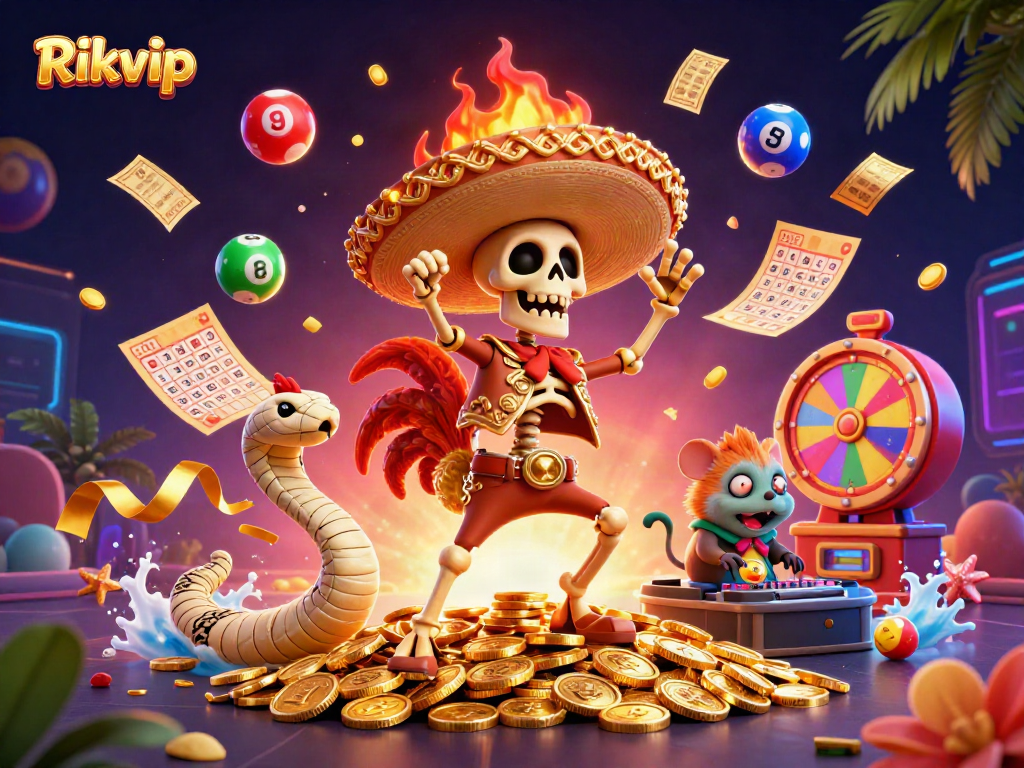 Experience the thrill of Rikvip with vibrant casino-themed characters and dynamic game elements.
