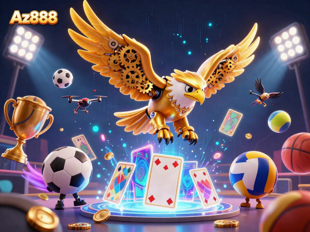Experience the thrill of Az888 as the cybernetic eagle dives through holographic cards and golden sports elements.