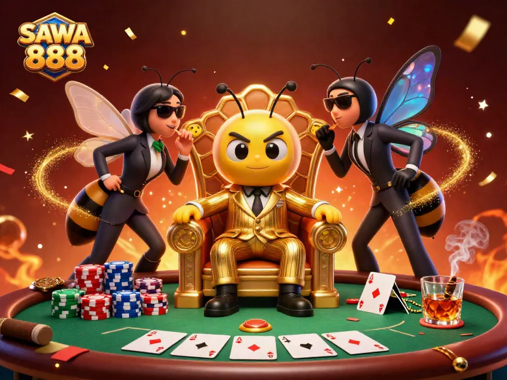 Experience the excitement of SAWA 888 as cartoon characters engage at a vibrant casino poker table.
