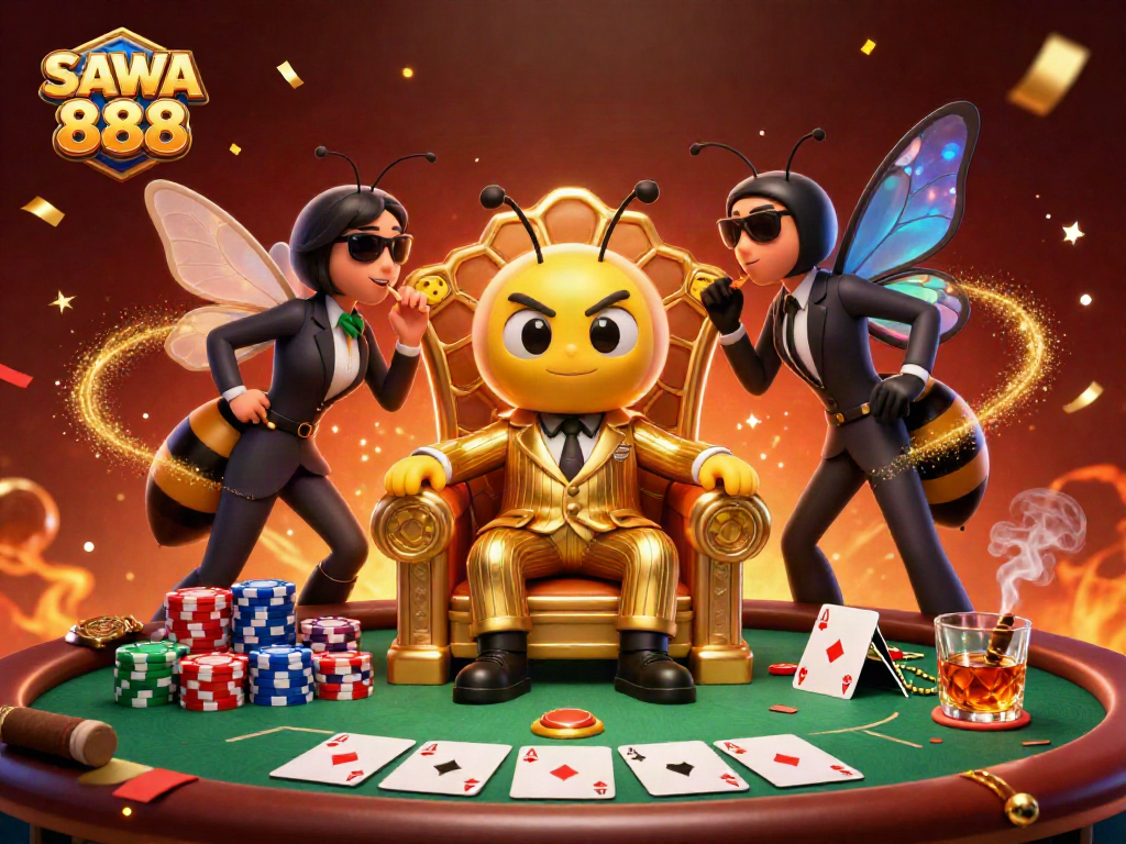 Experience the excitement of SAWA 888 as cartoon characters engage at a vibrant casino poker table.