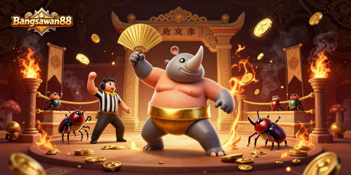 Bangsawan88 showcases an exciting beetle sumo championship with dynamic gold coins flying and rich casino elements.