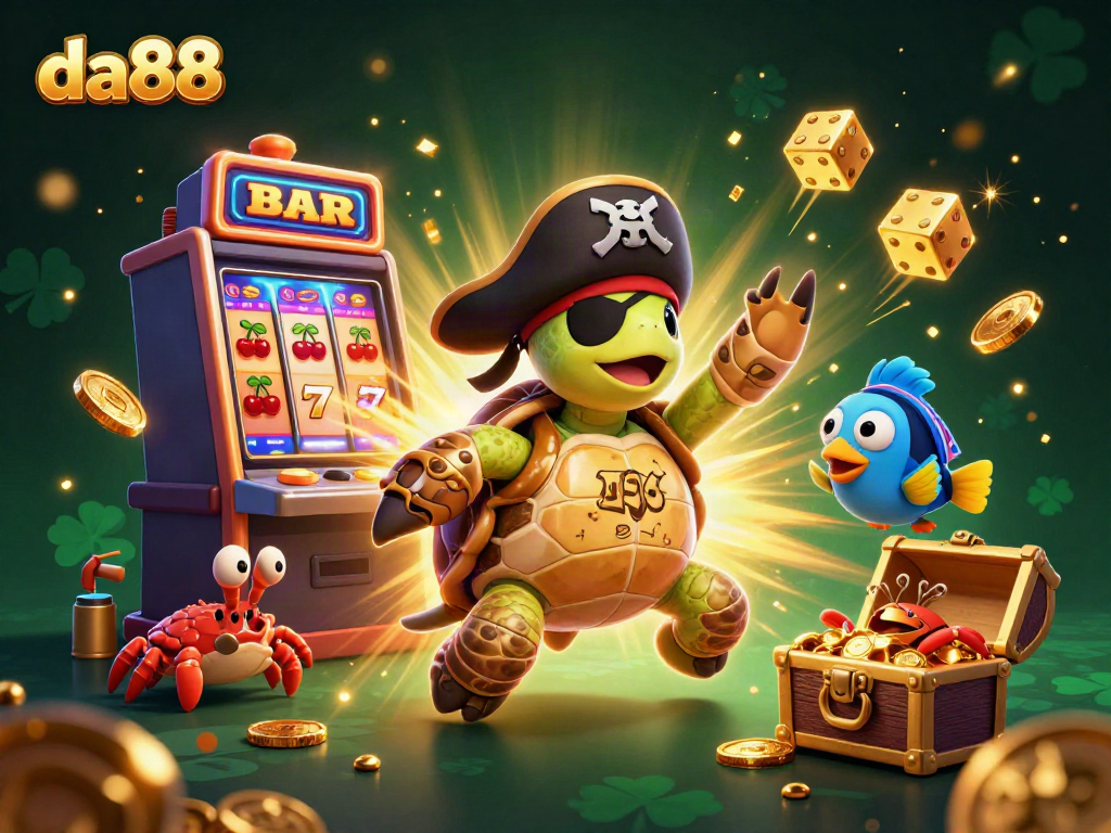 Spin the reels at da88 with a thrilling scene of a pirate turtle, treasure, slot machine, and colorful gaming elements.