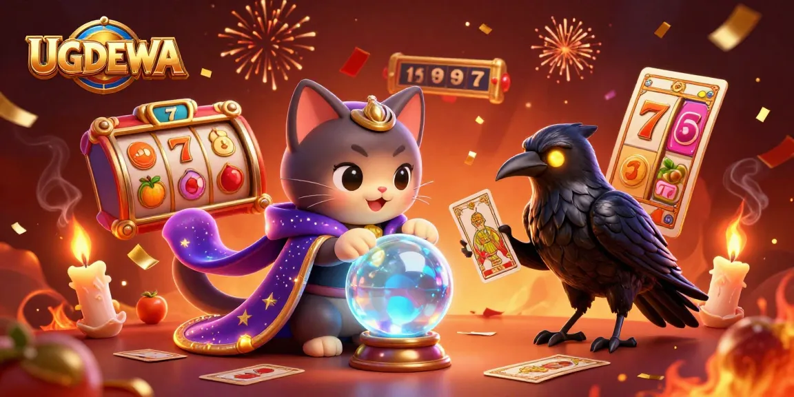 UGDEWA slots scene featuring a mystic cat and raven with exciting slot elements like reels and jackpot symbols.