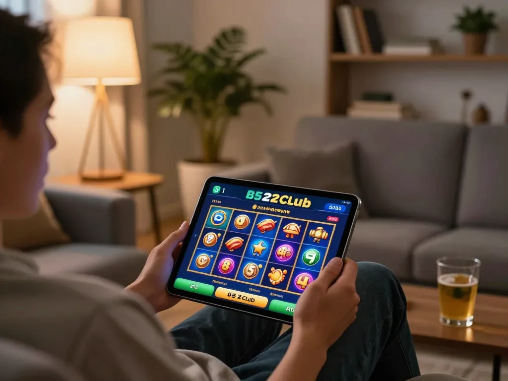 B52club user engaging with slot games on a tablet in a cozy home setting