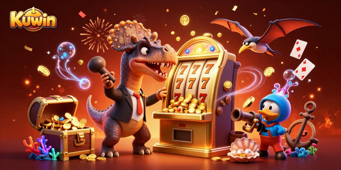 Kuwin's exciting slot adventure with a dinosaur winning jackpots and coins flying everywhere