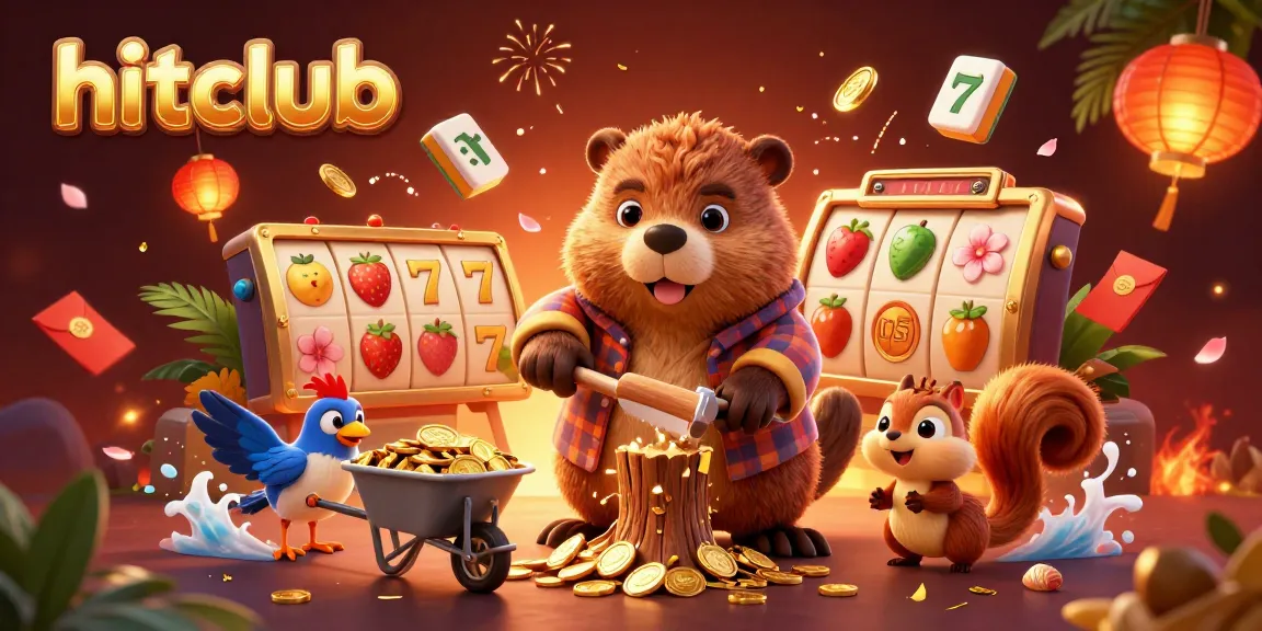 Hitclub showcases a lively scene with cartoon characters and slot elements, highlighting exciting gaming action.