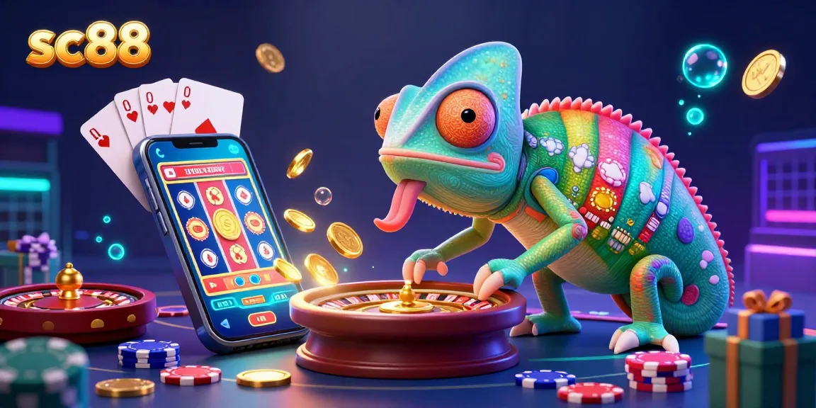 Immerse in the excitement of sc88 with a vibrant 3D chameleon casino owner catching golden coins.