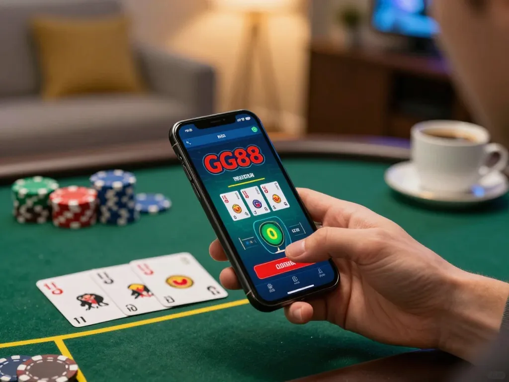 Engaging in online gaming at trang chủ gg88 with a colorful app interface on a smartphone.