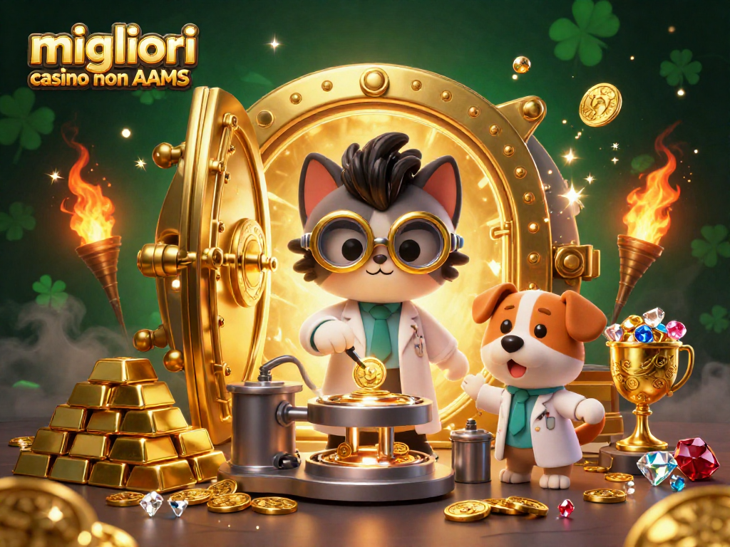 Azione nei migliori casino non AAMS, con un gatto scienziato e un cane in un laboratorio con monete d'oro.