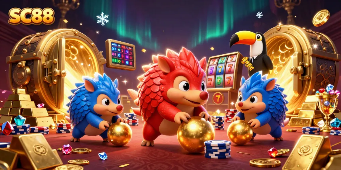 SC88 pangolins competing in a casino surrounded by gold and gems while bowling through poker chips.