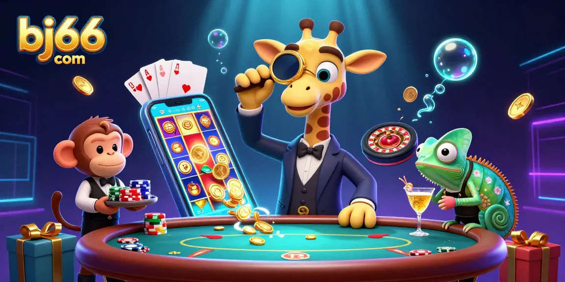 Experience exciting gameplay at bj66 com with a high-roller giraffe, poker table, and vibrant casino elements.