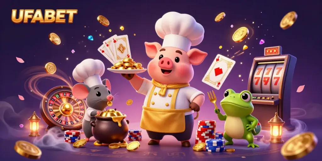 UFABET showcases an energetic culinary gambling scene with gold coins, excitement, and vibrant elements.