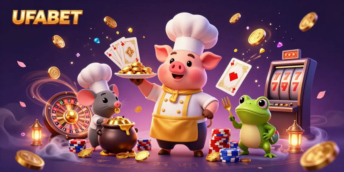 UFABET showcases an energetic culinary gambling scene with gold coins, excitement, and vibrant elements.