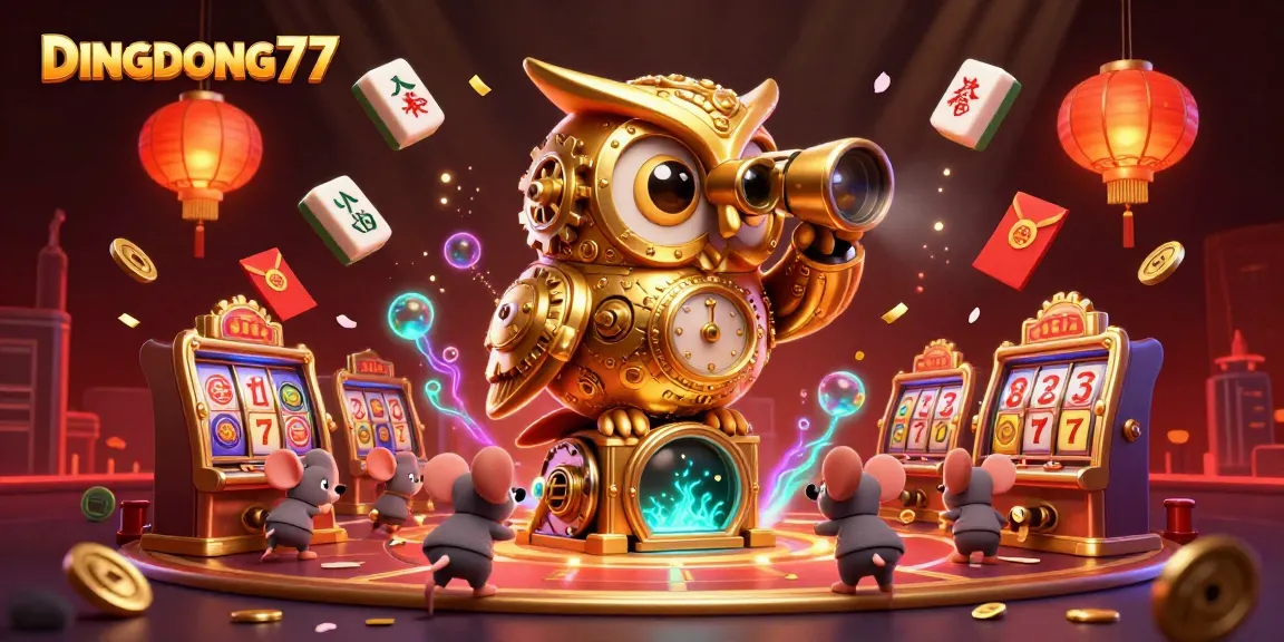DINGDONG77 showcases a vibrant casino scene with a golden owl and animated mice amidst dynamic slot machines.