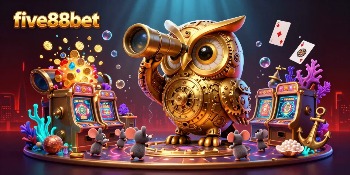 Experience the lively atmosphere at five88bet with a whimsical owl overlooking a bustling casino.