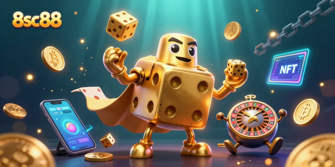 Engage with 8sc88 in a vibrant 3D casino scene filled with golden dice and cryptocurrency elements.